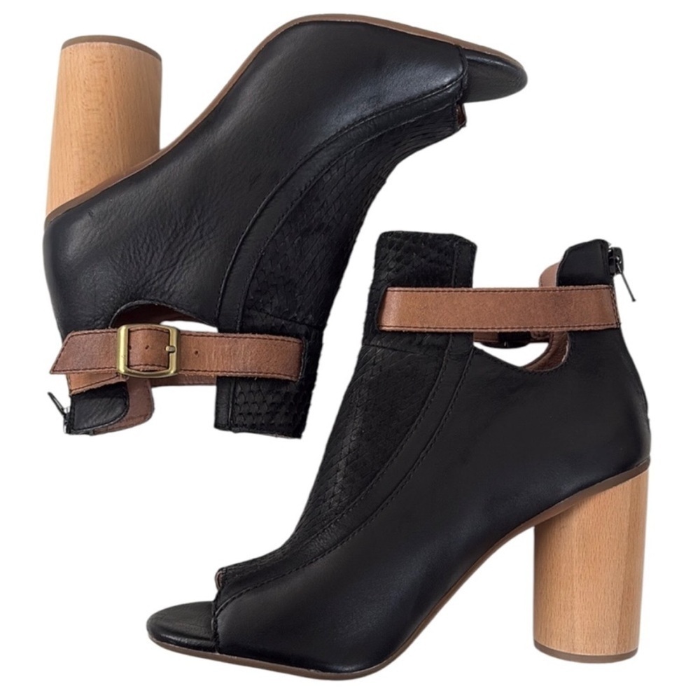 EUC Miz Mooz Leather Salina Heeled Bootie Sandals Black Size 7 1/2